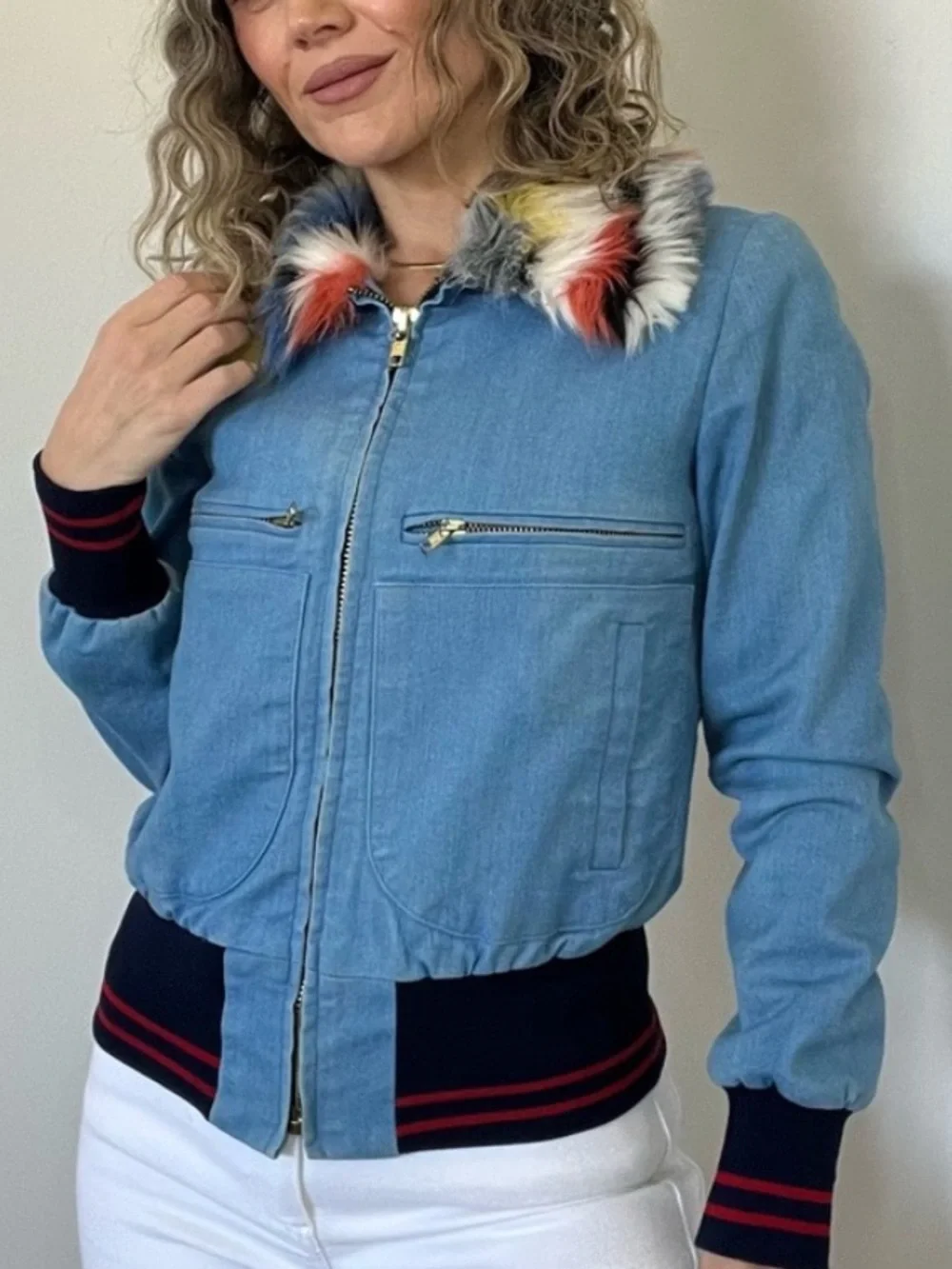 Harvey Faircloth designer denim bomber Jean jacket faux fur collar size XS - Picture 8 of 16